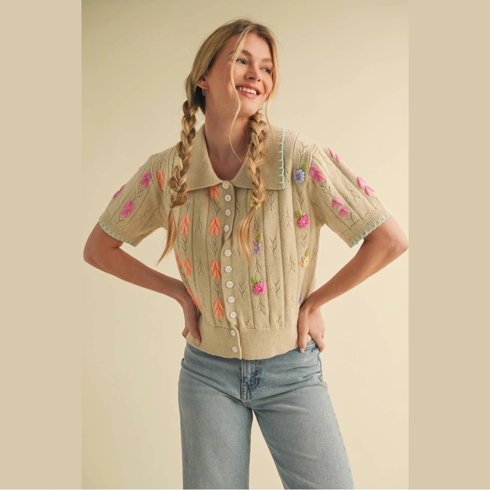 Hand Embroidered Pointelle Crop Sweater